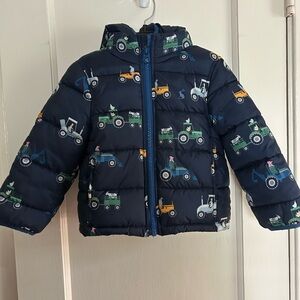 Joules Navy Puffer Jacket with Farm Print